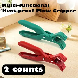 2 Counts Hot Plate Gripper, Multi-Purpose Anti-Scald Tool for Bowls, Plates, Pans, Serving as Holder, Clip, Tongs, Clamp in Kitchen Red & Green