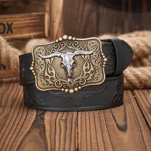 Western Cowboy PU Leather Belt - Men Waist Strap Bull Decoration Floral Engraved for Jeans Buckle