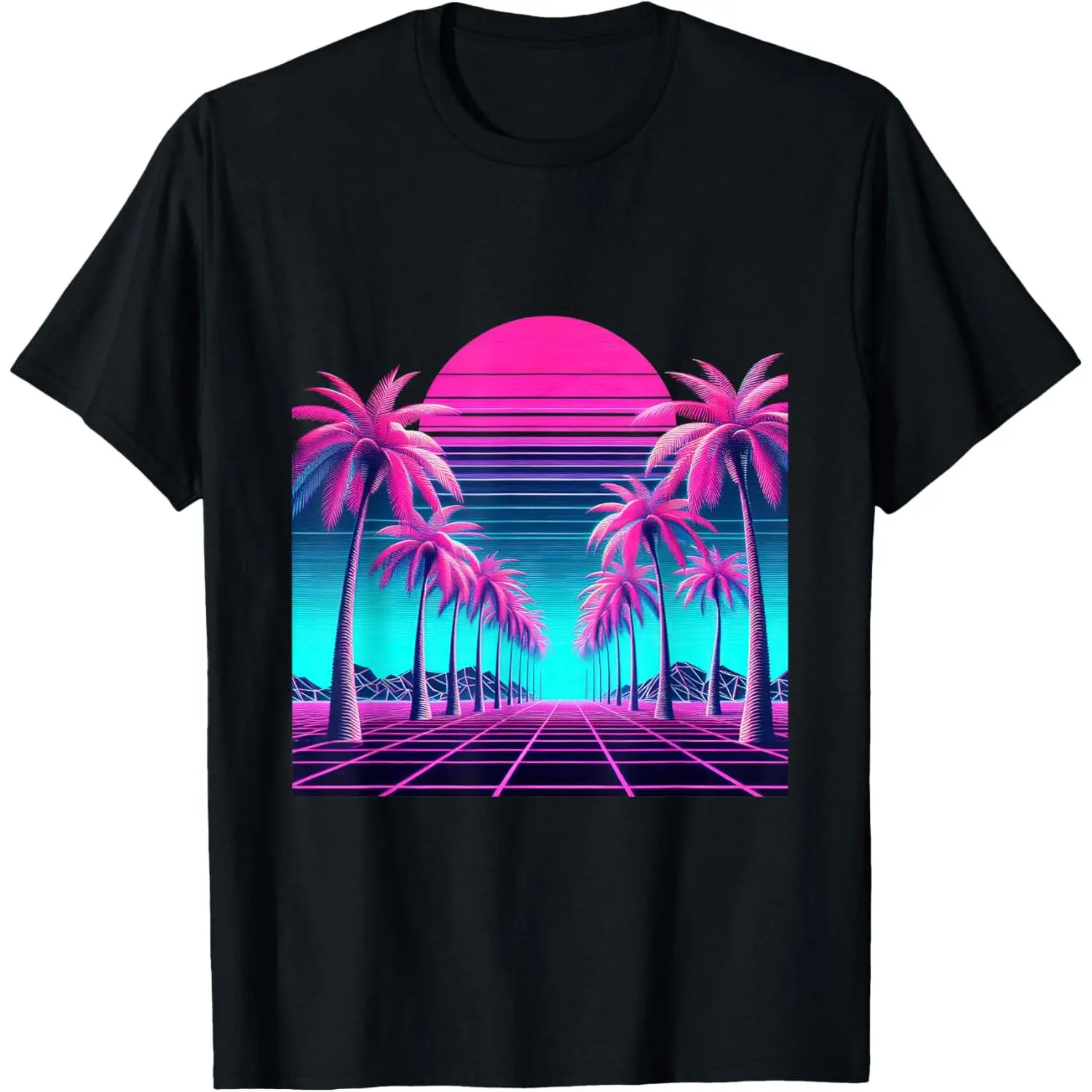 Men's Vaporwave Vibe Graphic T-Shirt - 80s Palm Sunset Original Print, Short Sleeve, Round Neck, Lightweight Flex Cotton Blend, Basic Fashion Breathable Casual Everyday Wear Top
