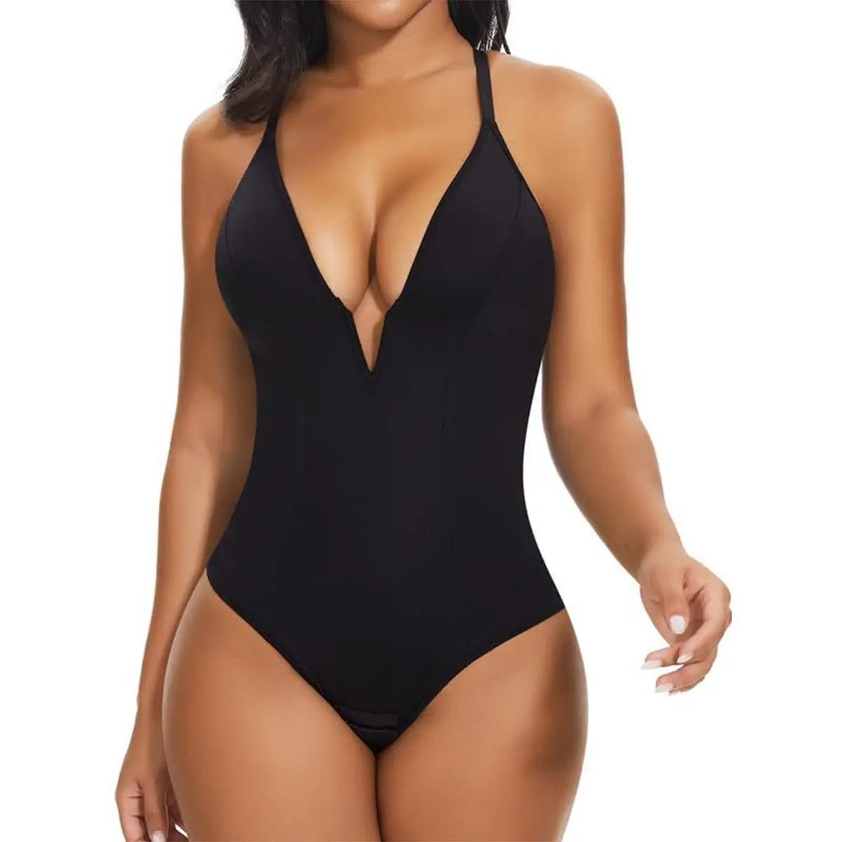 Joyshaper Lady's Sexy Basic Compression Abdominal Control Shapewear Bodysuit - Deep V-Neck, Backless, Double-Lined Plunge, Tummy Control Cami Tank, Elasticized Hourglass Clothes for Daily & Glam Occasions