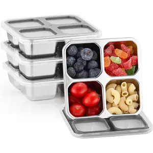 4 Pack Stainless Steel Snack Containers with Lids 4 Compartment Lunch Box for Adults &  Meal Prep Bento Box Containers