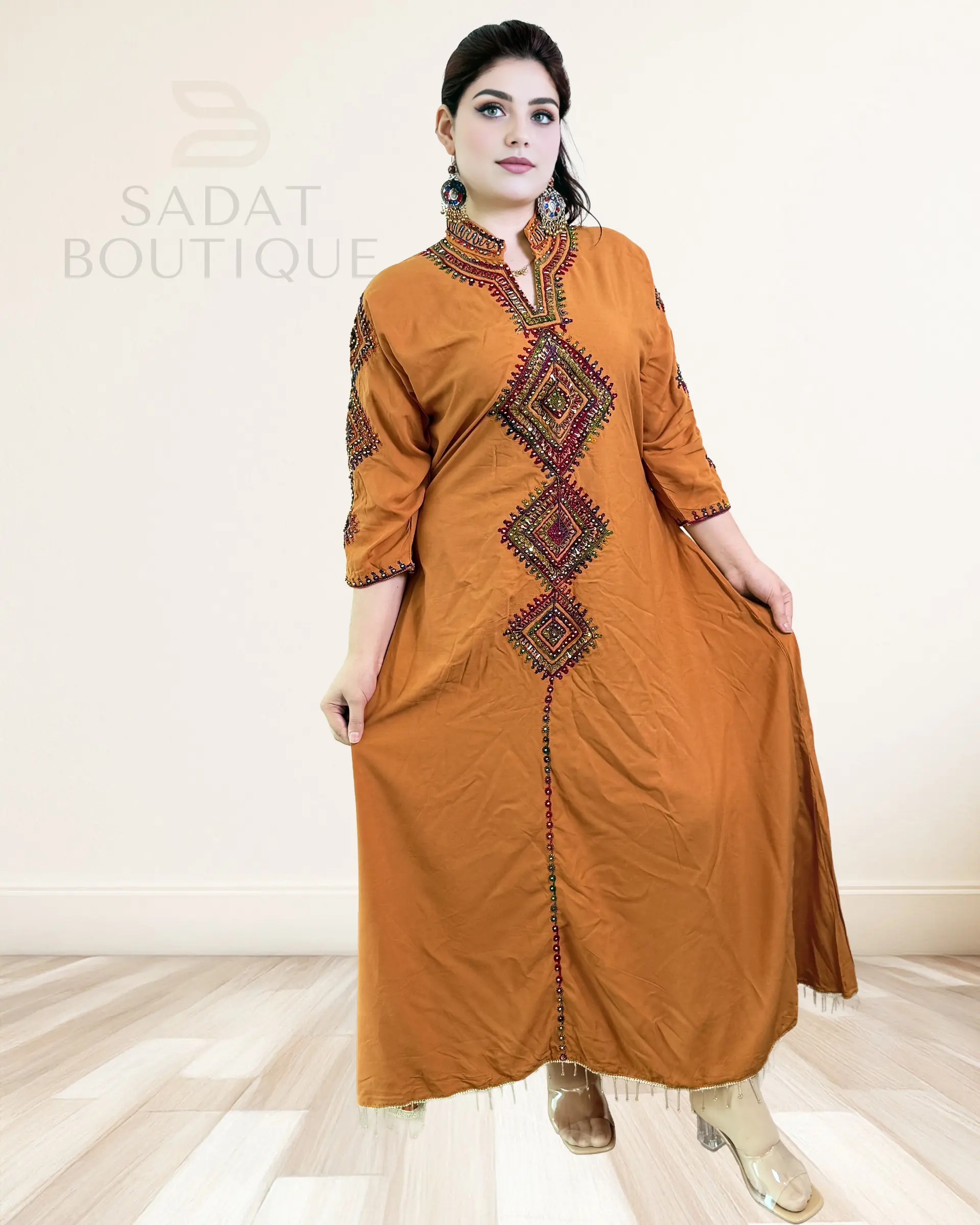 Rust Traditional Afghan Dress for Women - Casual Boho Chic Cotton Blend Gown with Handcrafted Embroidery and Statement Neckline, Boho Style