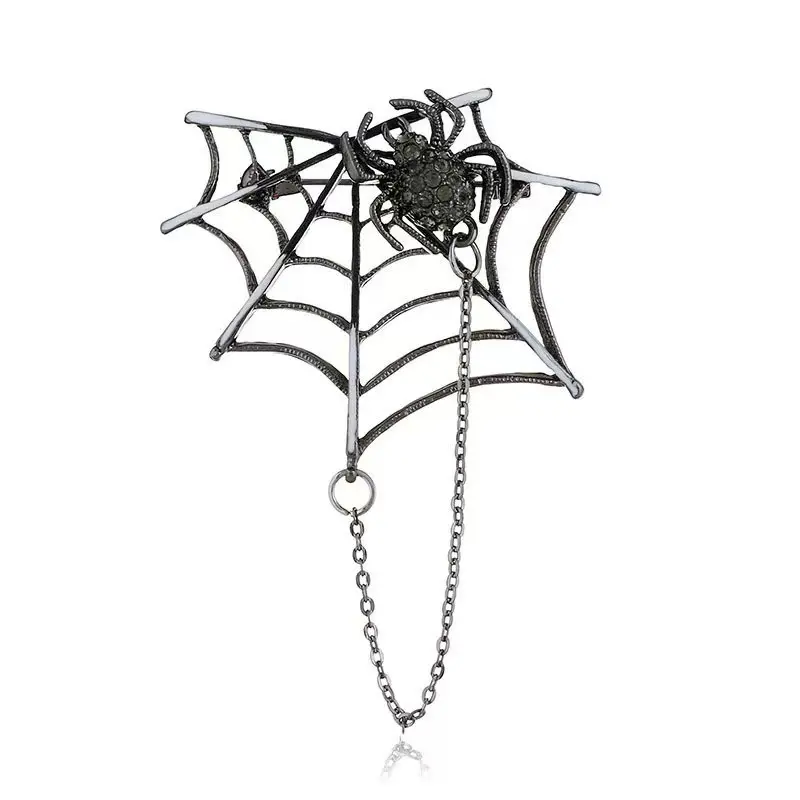 Gothic Crystal Spider Web Brooch - Vintage Alloy Lapel Pin with Hanging Chain, 4.8x7cm 12g Jewelry for Halloween, Parties (Sports & Outdoor Hat Accessory)