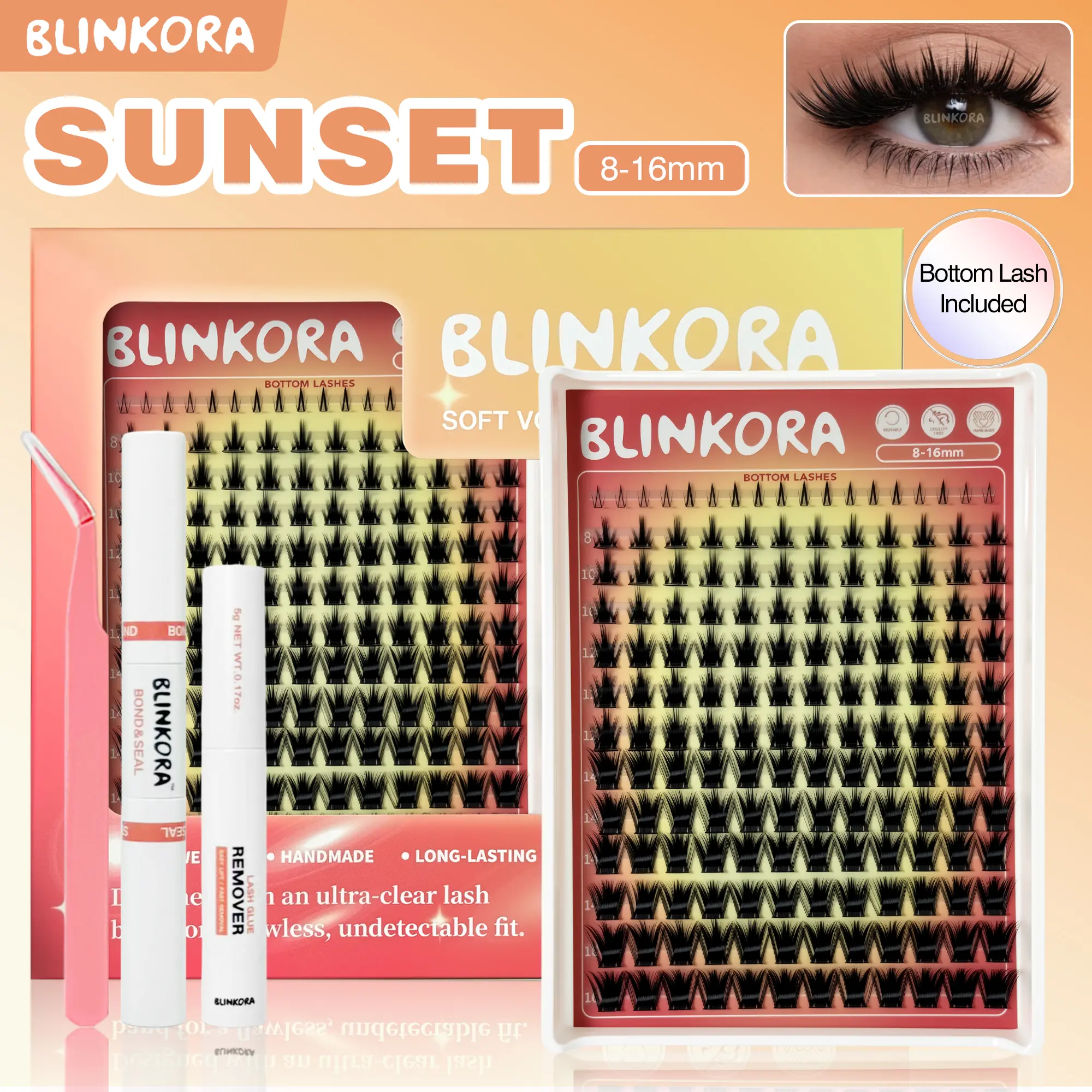 Blinkora California Sunset DIY Volume Eyelash Extension Kit with Natural Lash Clusters, Waterproof & Long-Lasting Soft Wispy Lashes 8-16mm, Includes Glue, Remover & Applicator, Cosmetic, DIY Spiky Manga Eyelashes, False Eyelashes & Adhesives