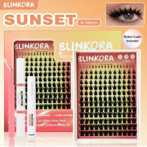 Blinkora Sunset Cluster Lashes Kit, 8-16mm Soft DIY Eyelash Extensions, Waterproof, Long-Lasting, with Free Glue, Remover & Applicator, Beauty Makeup Cosmetic, Eyelashes Extensions