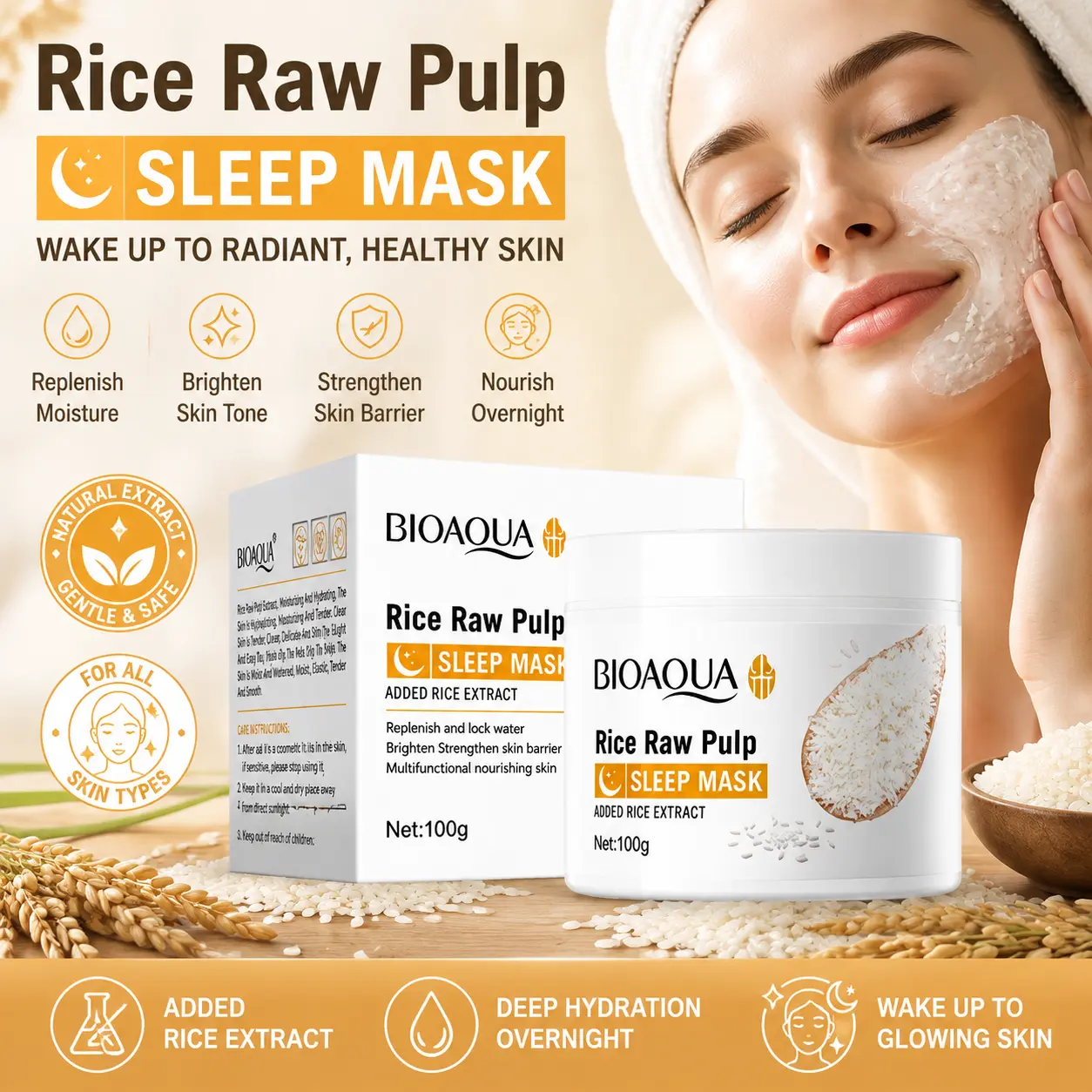 Rice Raw Pulp Overnight Sleep Face Mask with Rice Extract - Brightening, Hydrating, Nourishing Moisturizer for Dry Complexion, Barrier Repair for Night Routine Glowing Skin, Skin Repair, Overnight Face Masks, Smooth, Sleep Mask