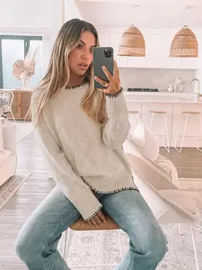Women's Contrast Binding Split Hem Drop Shoulder Sweater, Casual Basic Long Sleeve Round Neck Jumper for Fall & Winter, Fashion Ladies' Knitwear for Daily Wear, Womenswear