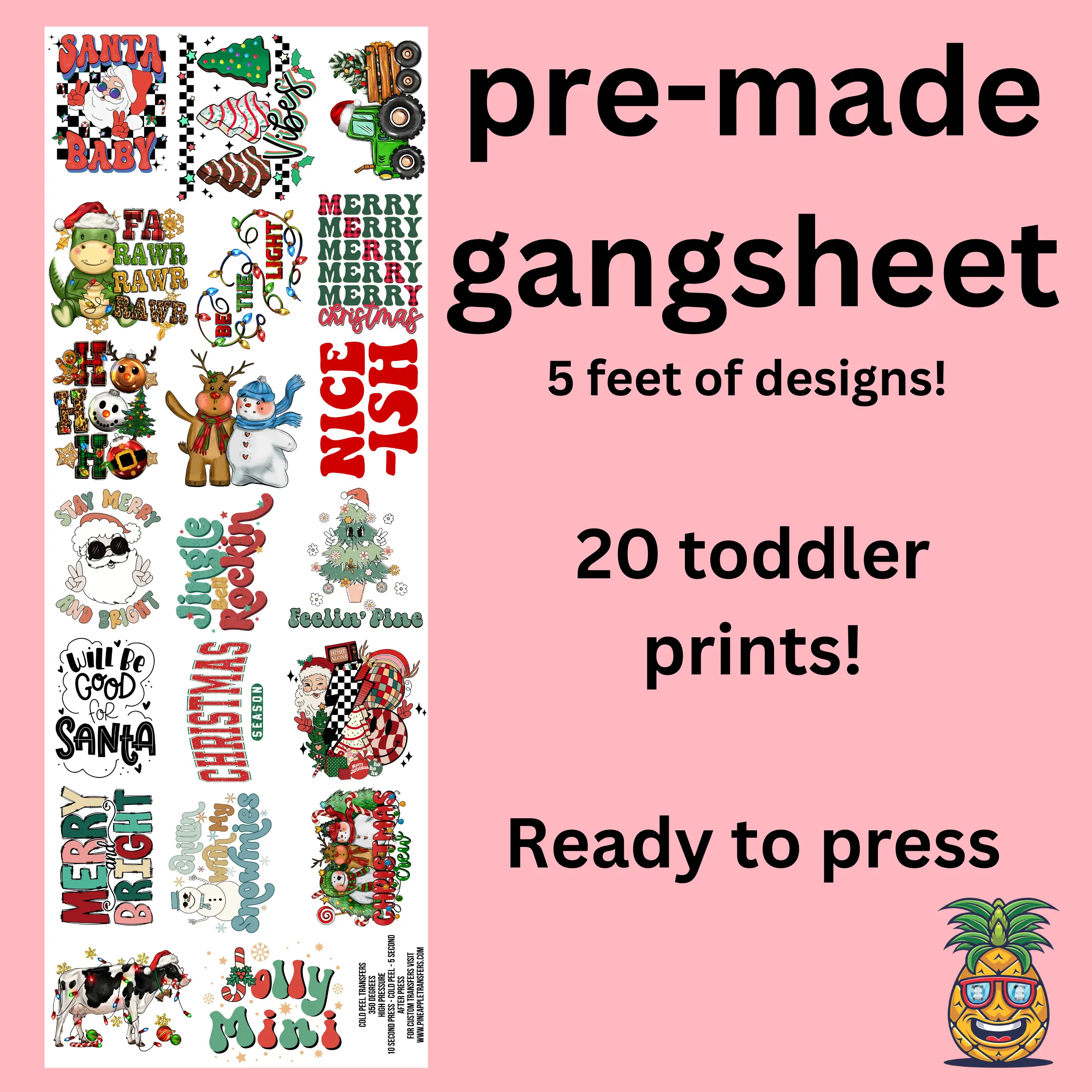 Toddler Christmas Direct to film Gang Sheet 22x60" - 20 designs, 5 feet of film - Ready to press