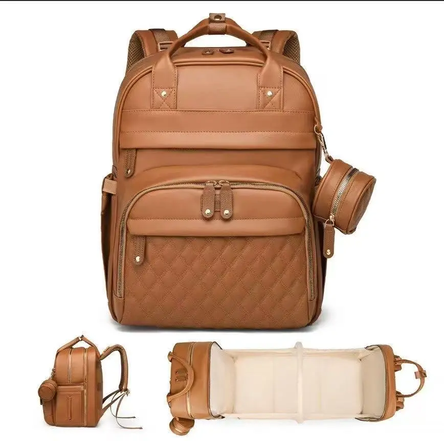 3 In 1 Diaper Bag Backpack Foldable Baby Bed PU Waterproof Travel Large capacity Bag with USB Charge Diaper Bag Backpack with Changing Bed 3 types
