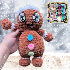 Gingy Bread Crochet Plushie, yarn, crochet, gum drops, gingerbread, gingerbread man, gingy, gingerbread girl, crochet plush, plushie,soft