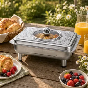 4 Pack Stainless Steel Buffet Trays with Lids for Parties Weddings and Catering Elegant Rectangular Chafing Dishes Anti-Slip Feet Visible Glass Lid Space-Saving Design 34*27 Transparent Multi-Purpose Detachable Meal Container Bakeware