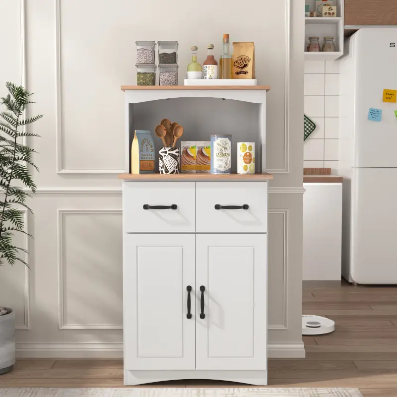 Sturdy White MDF Wood Indoor Cupboard - Freestanding Cupboard Pantry, Microwave Cabinet, Furniture with Drawers and Storage Space