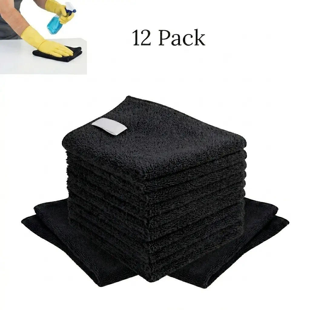 12-Pack Rectangular Black Microfiber Cleaning Cloths (11.5x11.5"), Premium Lint-Free Ultra-Soft Absorbent Reusable Towels for Car/Kitchen Use, Scratch-Free Durable Multi-Use Rags