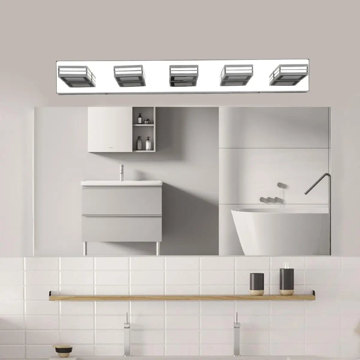 32" Modern Chrome 5-Light LED Vanity Light, Square Acrylic Lampshades Wall Mount Fixture for Bathroom, Mior Lighting