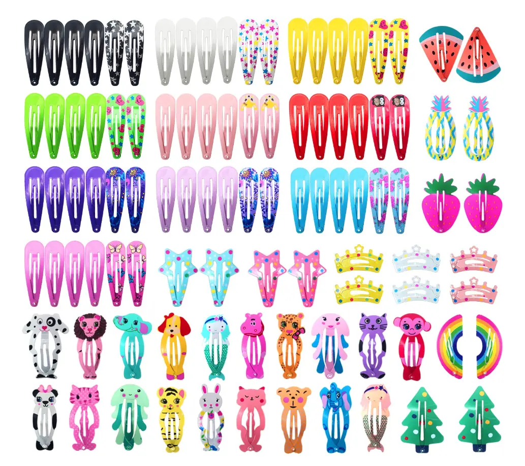 100 Pcs Hair Clips for Girls, Cute Cartoon Metal Snap Barrettes, No-Slip Candy Color Pigtail Hair Pins for Kids and Teens, Pigtail Hair Clips, Self-Locking Hair Clips