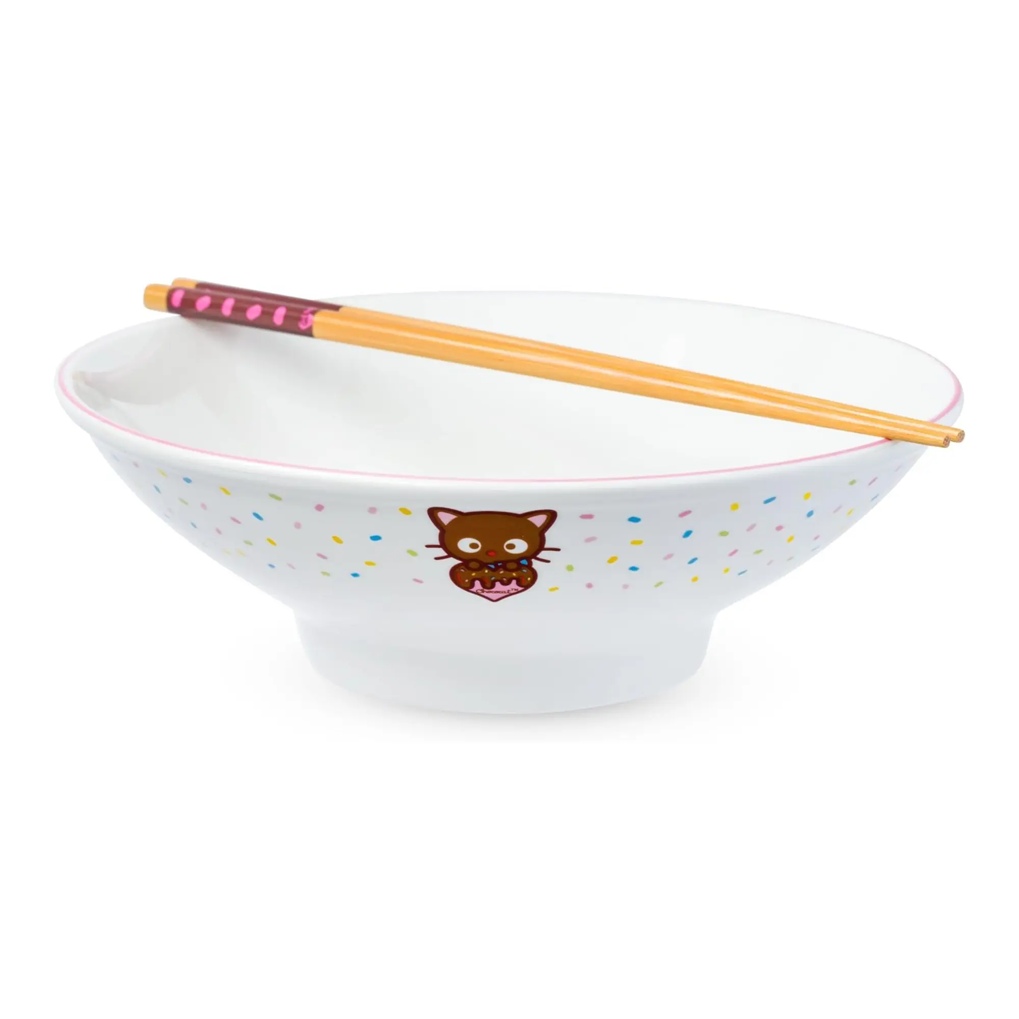 Sanrio Chococat Kawaii Ceramic Noodle-Pasta Bowl & Cutlery Set, Sprinkles Pattern, Cute Food-Safe Playful Patterned Bowls with Chopsticks (Kitchenware Tableware), Cute Bowls