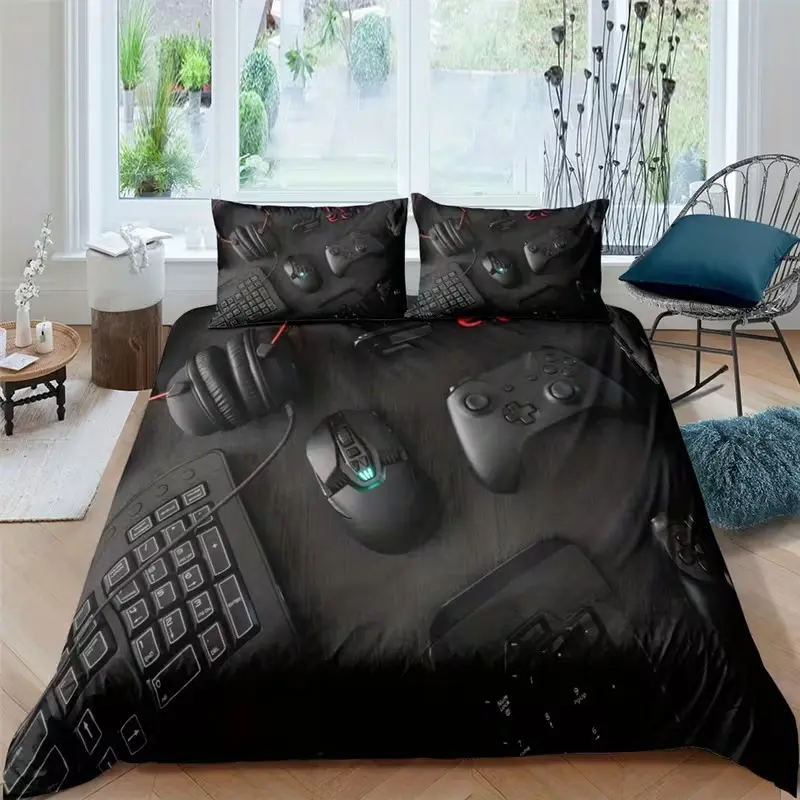 Modern Game Controller Print Bedding Set, Boys' Teenage Gaming Mouse Keyboard Headset, 3-Piece Sheet and Pillowcases, Bedroom Bedding Set, Bed Sets Supplies, Printed Bedding Set