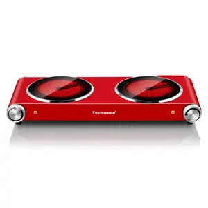 Techwood 1800W Infrared Ceramic Double Burner Hot Plate - Stylish Compact Design with Brushed Stainless Steel & Dual Crystallite Glass Top for Easy Cleaning electric stove Electric Countertop Stove hot plate Cast-Iron Single gestove Induction Range