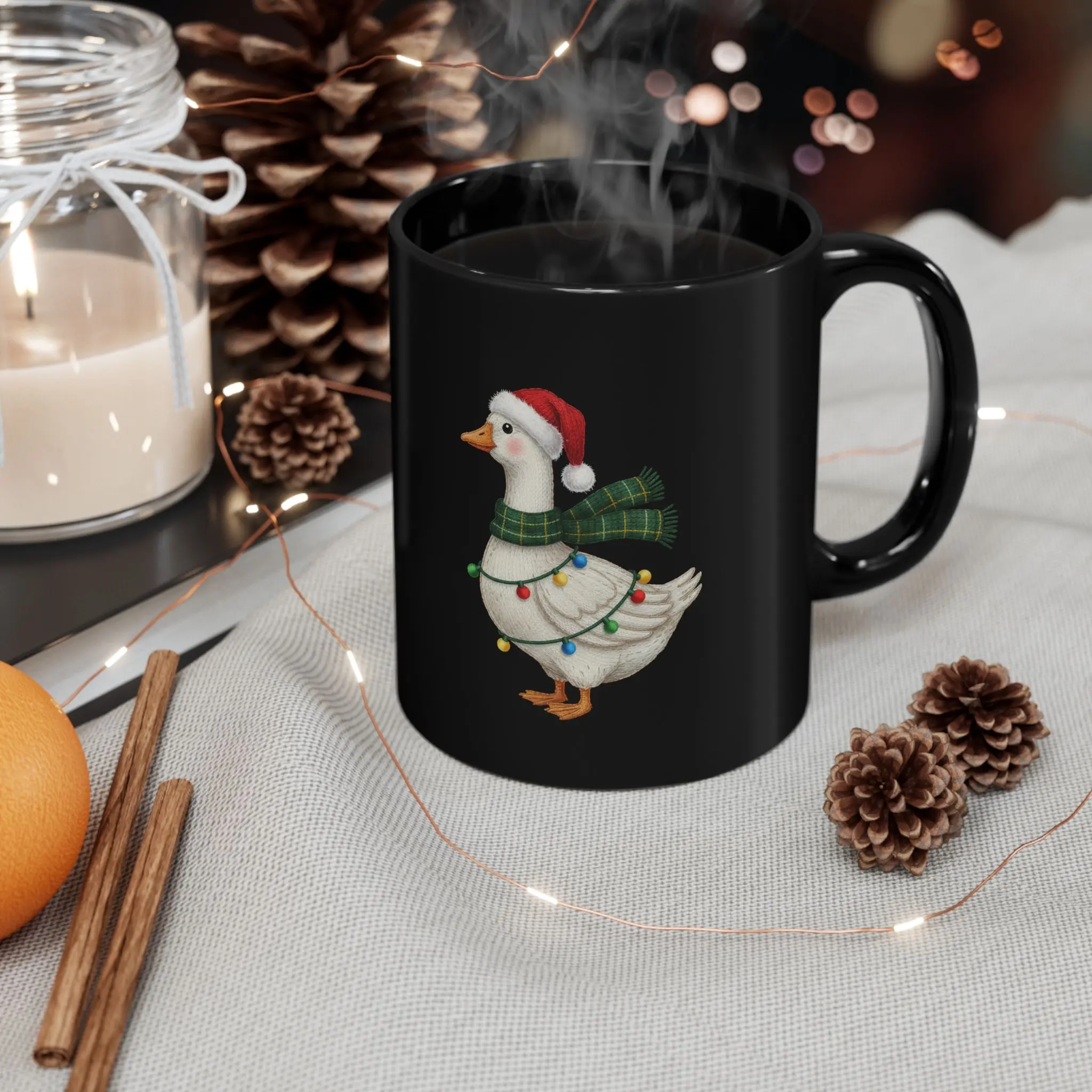 Christmas Goose Santa Mug, 11oz Glossy Black Lead-Free Ceramic Holiday Coffee Cup with Handles