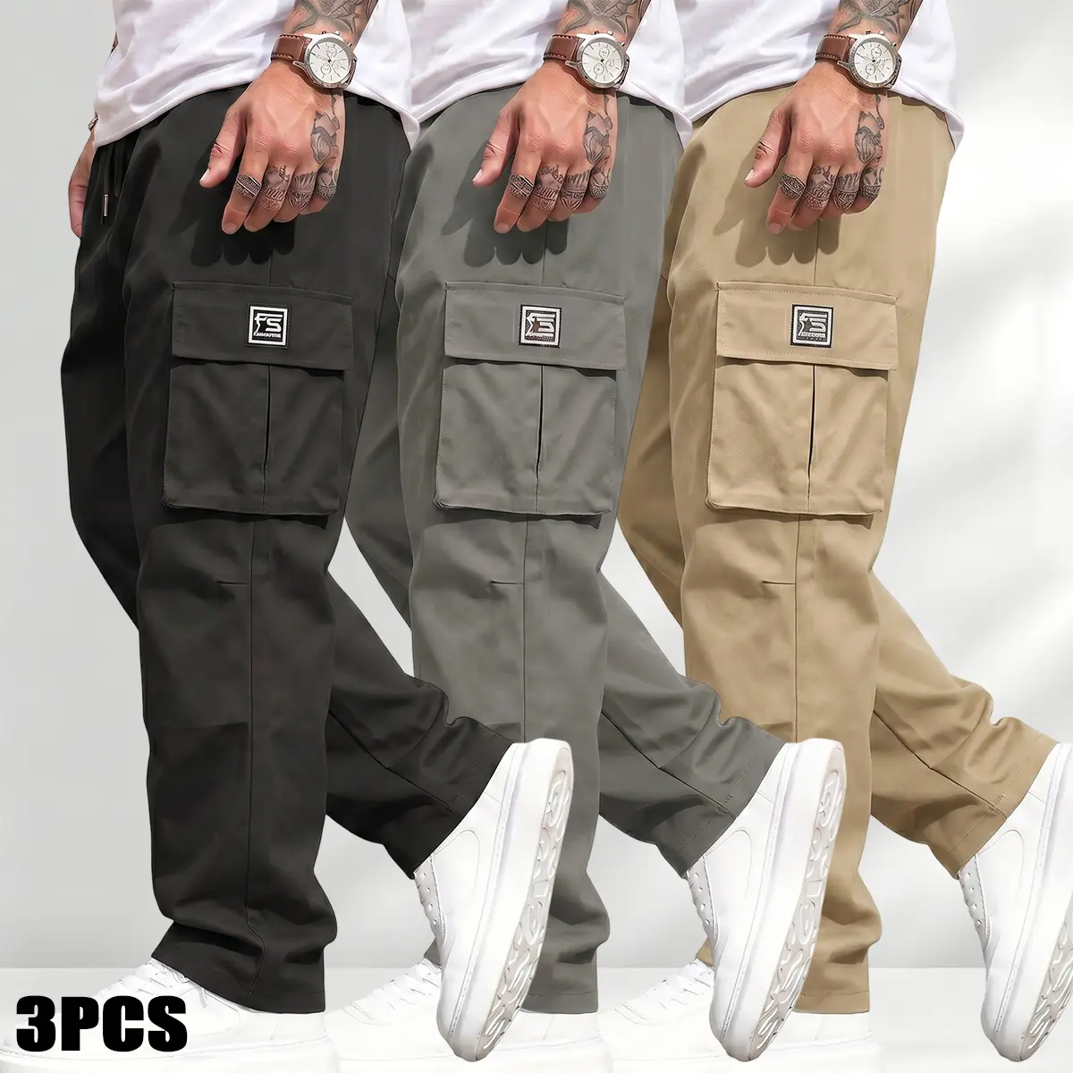 Men's Loose-Fit Baggy Polyester Cargo Pants (3PCS) - Deep Pocket Men's Pants, Casual Wear, Hiking, Spring-Autumn Menswear Bottoms, Polyester Clothing, Preppy, Vintage, Work, Khaki + Green + Gray, Oversized, Polyester Clothes
