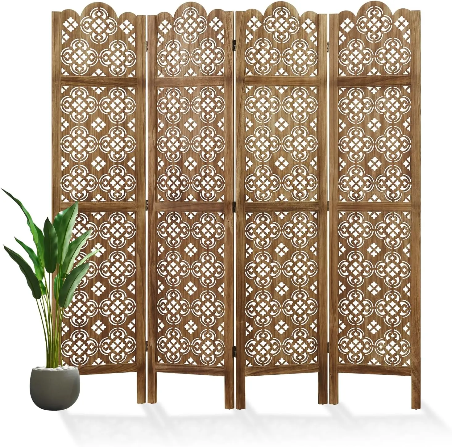 Wood Carved 4-Panel Folding Room Divider 68.9” – Decorative Privacy Screen for Bedroom, Home & Office (Dark Brown)