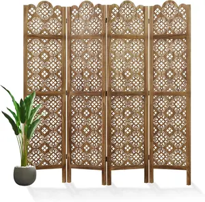 Wood Carved 4-Panel Folding Room Divider 68.9” – Decorative Privacy Screen for Bedroom, Home & Office (Dark Brown)