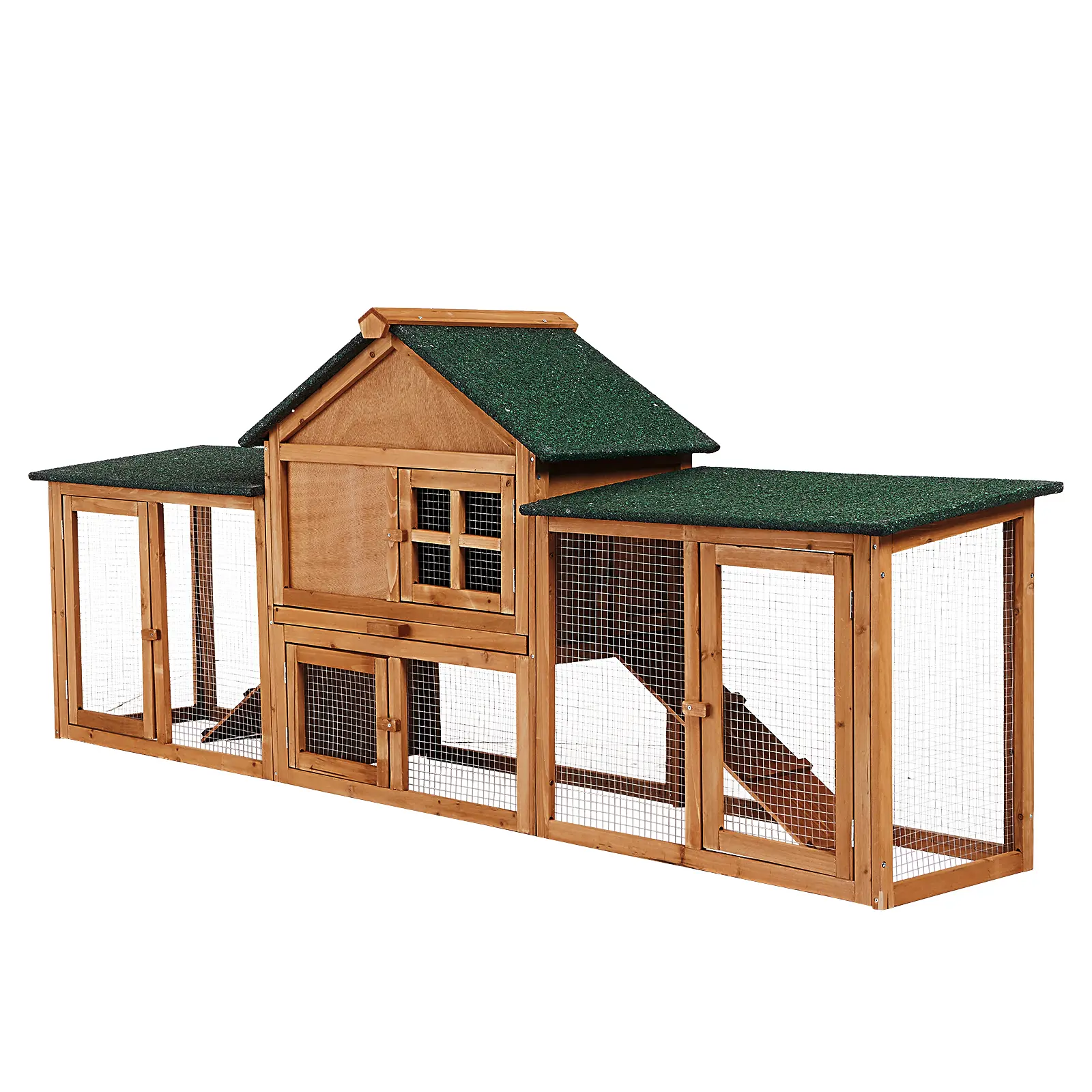 80 Inch Wooden Rabbit Hutch with Outdoor Chicken Coop Design, Small Animal House for Bunnies & Guinea Pigs, Featuring Double Side Runs, Weatherproof Roof, Removable Tray and Ramps Storage Cage