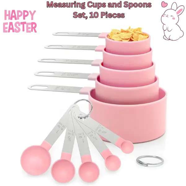 Blush Pink 10-Piece Stackable Kitchen Measuring Utensils Set - Stainless Steel Handle, Measuring Cup Included, Sturdy, Accurate, Non-Magnetic for Cooking, Meal Prep Kitchenware