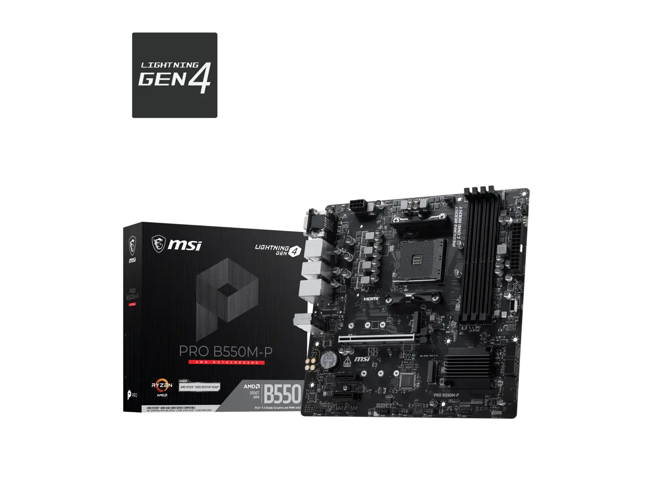 MSI PRO B550M-P AMD AM4 Micro-ATX Motherboard, B550 Chipset, DDR4 4400+ MHz, Dual M.2, PCIe 4.0, USB 5Gbps Type-C, Realtek 1GbE LAN, HDMI/DP/VGA