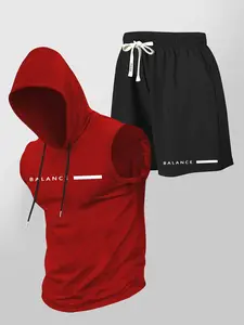 Men's Summer Casual Set, Letter Print Hooded Sleeveless Vest & Drawstring Waist Shorts, Breathable Fabric, Outdoor Sports