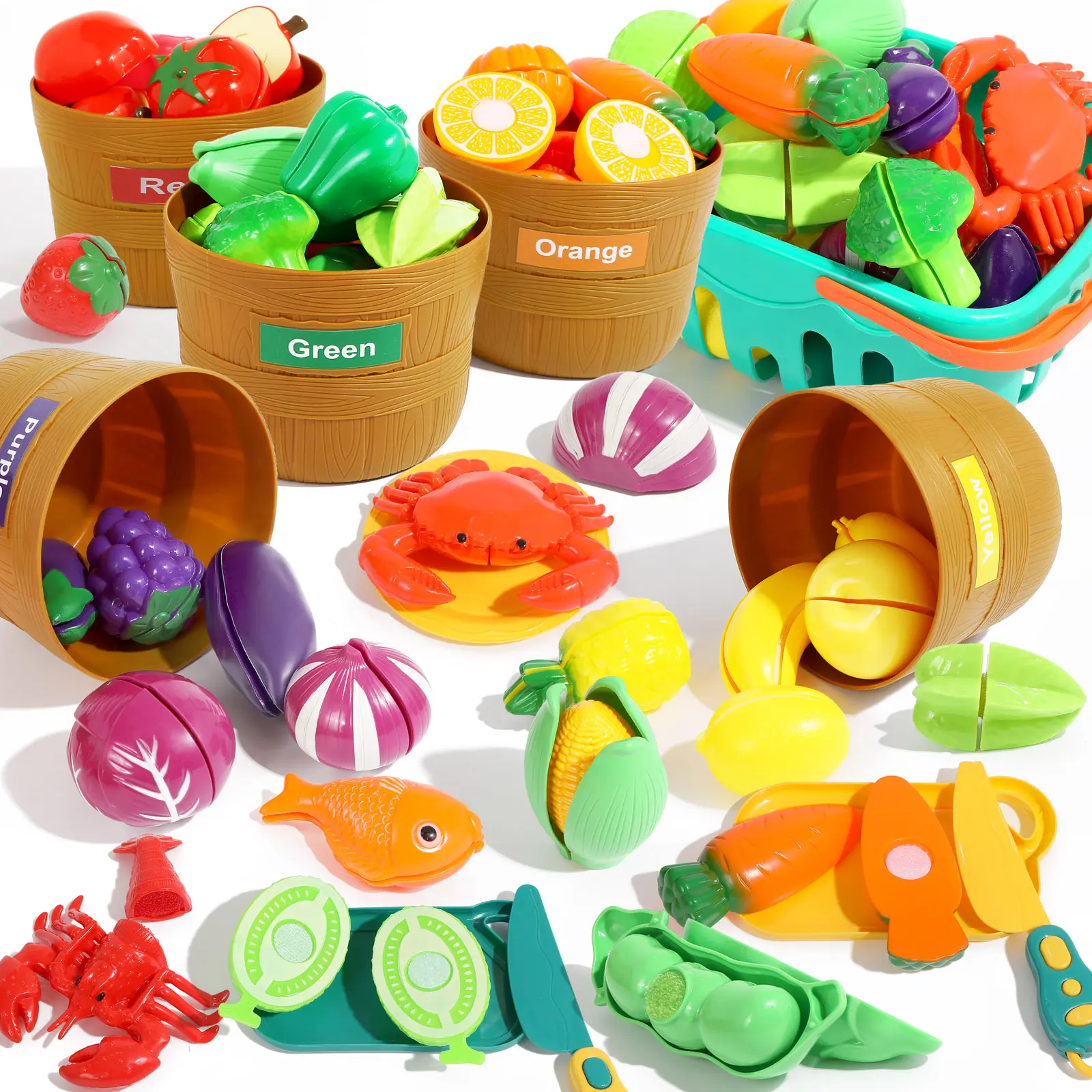 Wooden 68-Pcs Unisex Kids Kitchen Toys Set - Child-Sized Play Food with Cutting & Color Sorting Fake Fruit and Vegetable Accessories, Birthday Gifts for 3+ Years Old Boys Girls