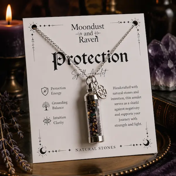 Women's Fashion Mystical Crystal Vial Necklace - Gothic Pentagram Protection Amulet with Natural Stones Chips, Witchy Spiritual Jewelry, Stainless Steel Chain, Unique Gift for Women