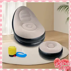 Folding Reclining Lazy Sofa Chair Portable Flocking Air Couch with Foot Stool for Relaxation Indoor Living Room Gaming Bedroom Office Balcony Outdoor Travel Camping#Summervibes