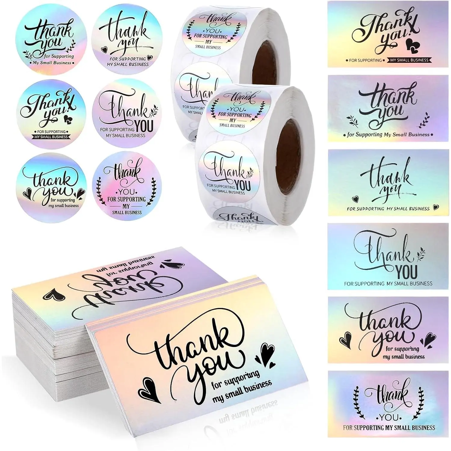 1120 Pcs Holographic Self-Adhesive Thank-You Cards & Business Branding Stickers - High Gloss Finish, 6 Different Patterns, Blank Space Fill, Holographic Light - for Small Business Owners, Order Packaging