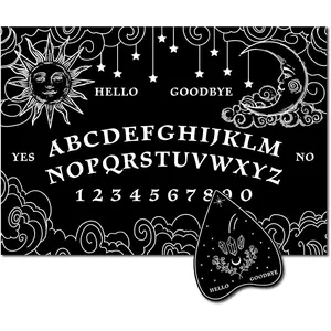 Black Wood Spirit Talking Board with Sun Stars Rectangle Wooden Pendulum Dowsing Divination Board with Planchette Spirit Hunt Metaphysical Message Supplies Kit for Wicca 11.8X8.3