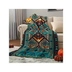 1pc Large Southwestern Blanket - Turquoise Blue, Brown, Black, Orange, White, Gray - Soft Flannel All-Season Couch, Bed, Travel Throw - Heavy-Duty 280GSM Bedspread - Washable - Fo Blanket, Bed Blanket