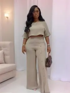 Spring Summer Casual Fashion Set, Womenswear European Style Solid Color Short Sleeve Wide Leg Pants Two-Piece, Suitable for Commuting and Leisure