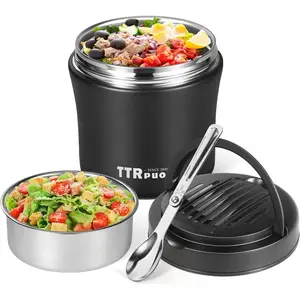 Insulated Food Container Soup Thermo for Hot Cold Food Adults 40 OZ Stainless Steel lunch box Wide Mouth Thermo Jar with Folding Spoon and Handle BLACK