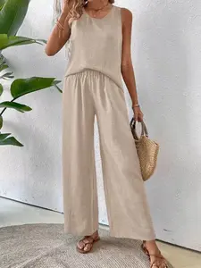 Two French fashion Casual plain color women's sleeveless vests, loose and slimming wide leg pants set suitable for summer, suitable for daily coffee shop check-in, beach vacation, city short distance travel, home leisure