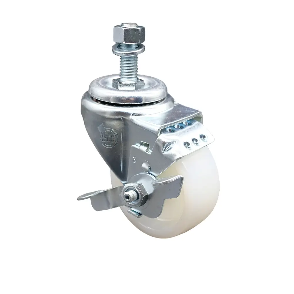 Service Caster SCC-TS20S314-NYS-TLB-M1215 Nylon Swivel Threaded Stem Caster with Top Locking Brake, 3" Diameter 1-1/4" Wide White Nylon Wheel, 12 mm Stem, 300 lbs Capacity, Low Rolling Resistance for Carts & Equipment