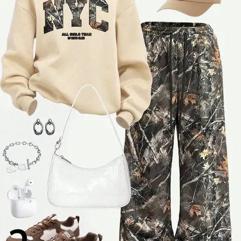 Women's Casual Loose Fit Two-Piece Set Outfit, Matching, Letter Print Long Sleeve Hoodie Sweatshirt and Tree Pattern Pants, Fall Winter, Regular Length, Stylish and Comfortable