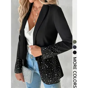 Women's solid color long sleeved jacket, elegant rhinestone decoration, fashionable business casual women's outerwearRAIMENTRY