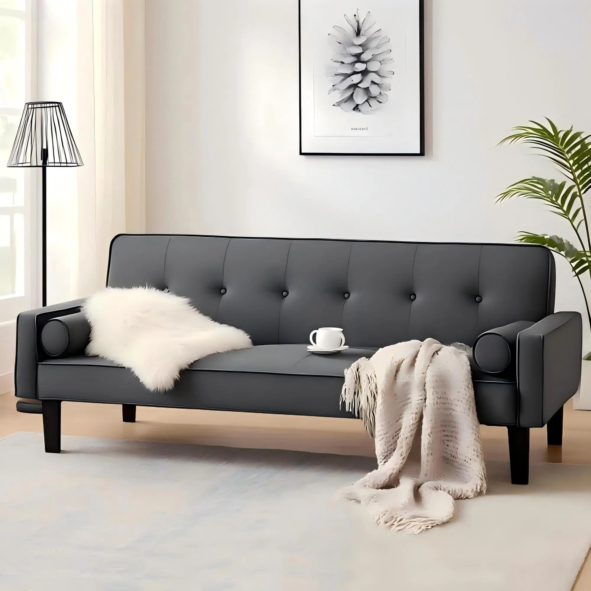 72-inch solid wood frame double sofa bed | 600-pound high load-bearing, snake-shaped steel spring support, 105° - 180° three-stage adjustable mechanism, dark gray breathable linen sofa living room furniture apartment small boneless sectional couch modular