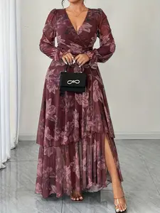 Women's Fashion Plus Size Casual Wear Mesh Dress, Elegant Lettuce Trim Midi Dress, Long Sleeve Loose-Fitting Knit Dress Womenswear Casual Dresses for All Seasons