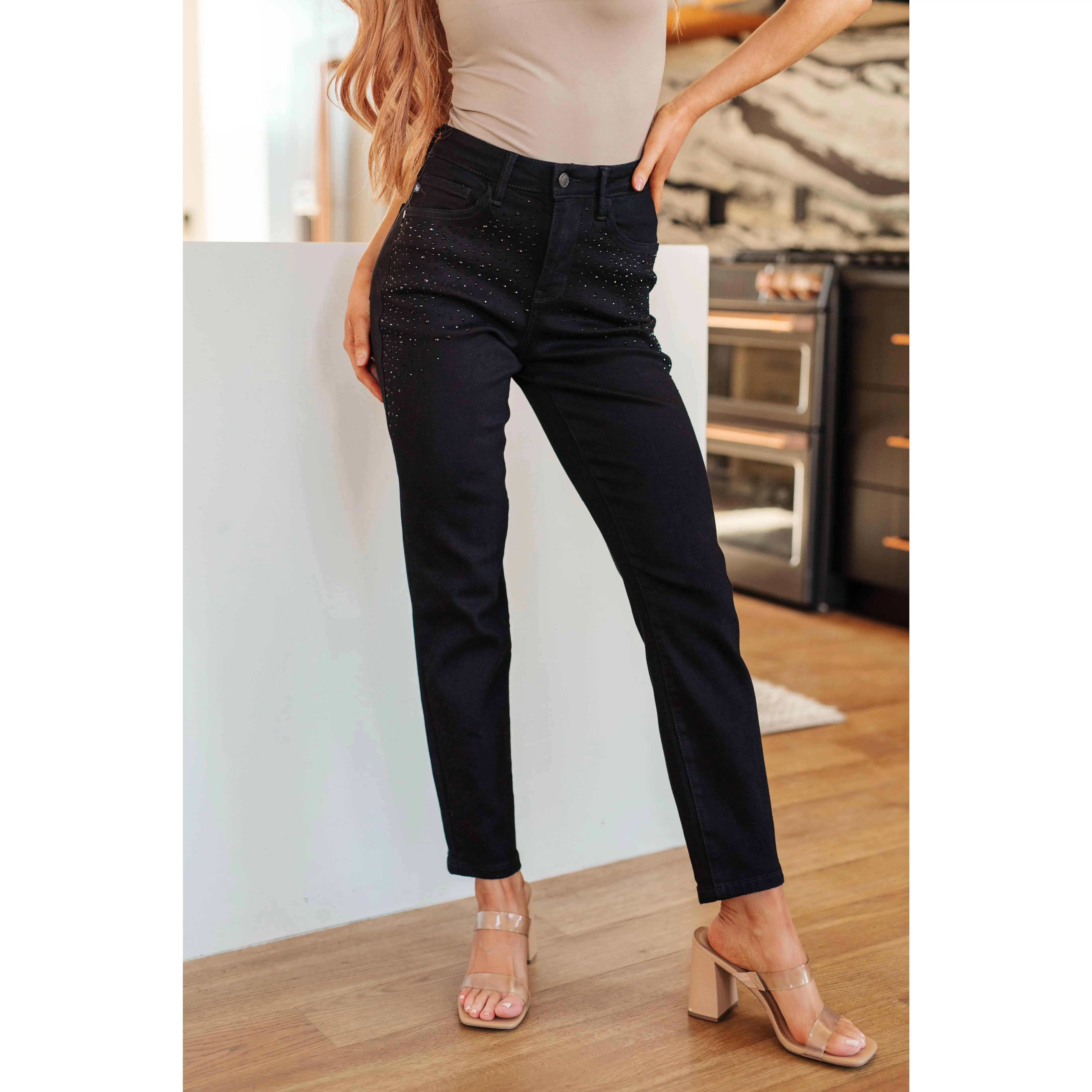 Judy Blue Reese Rhinestone Slim Fit Jeans in Black