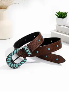 Boho Style Turquoise Textured Bead Decorated PU Buckle Belt, Elegant Belt Buckle, Vintage Western Style Belt for Women, Stylish Belts, Statement Belts, Fashion Accessories for Daily Wear
