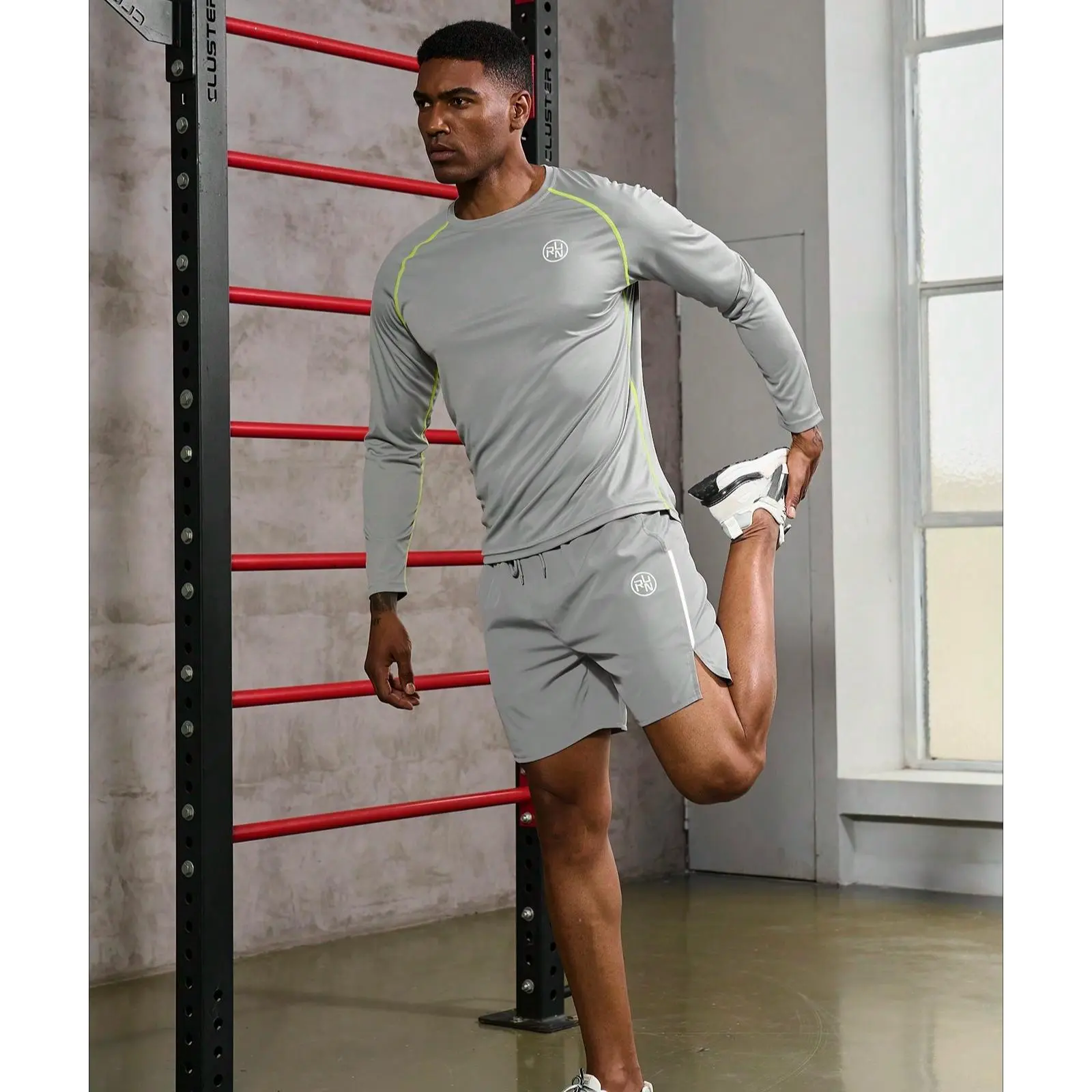 Men's 2-Piece Fitted Tracksuit Set - 100% Polyester Long Sleeve Letter Print Top, High Stretch Athletic Shorts, Quick-Dry Casual Sportswear for Fitness Training