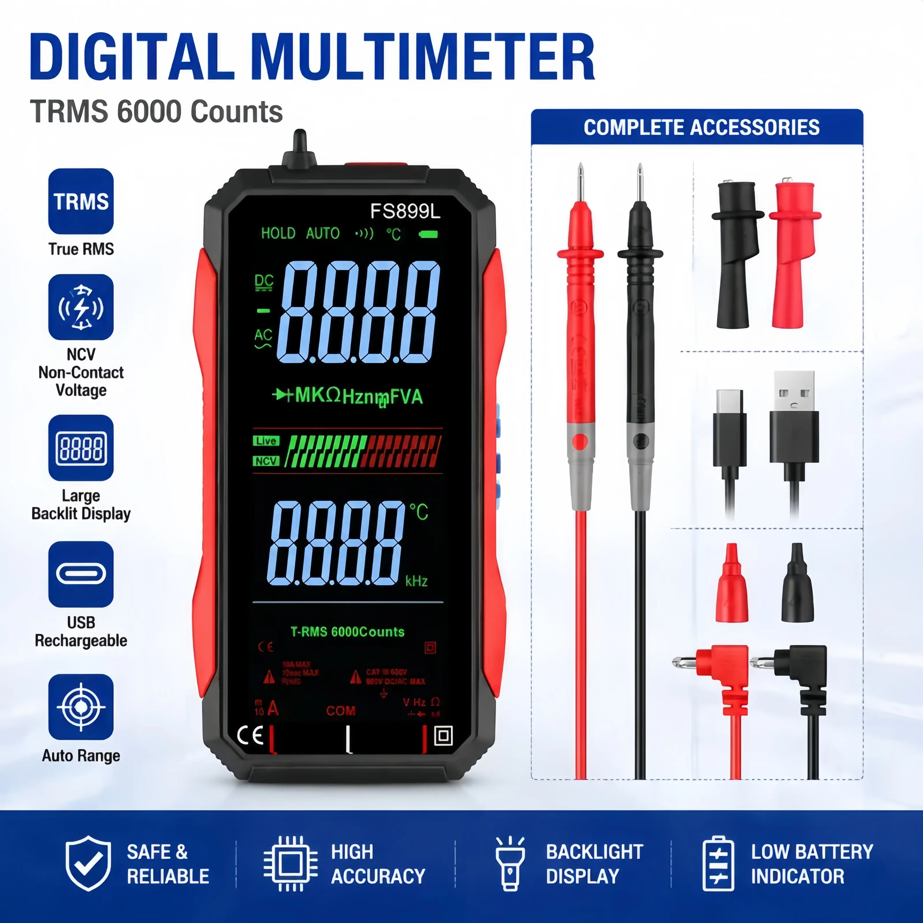 TRMS 6000-Count Digital Multimeter, 4.8-inch Color Display, Smart Multifunction Tester, USB Charging, Professional-Grade Electrical Measurement Tool
