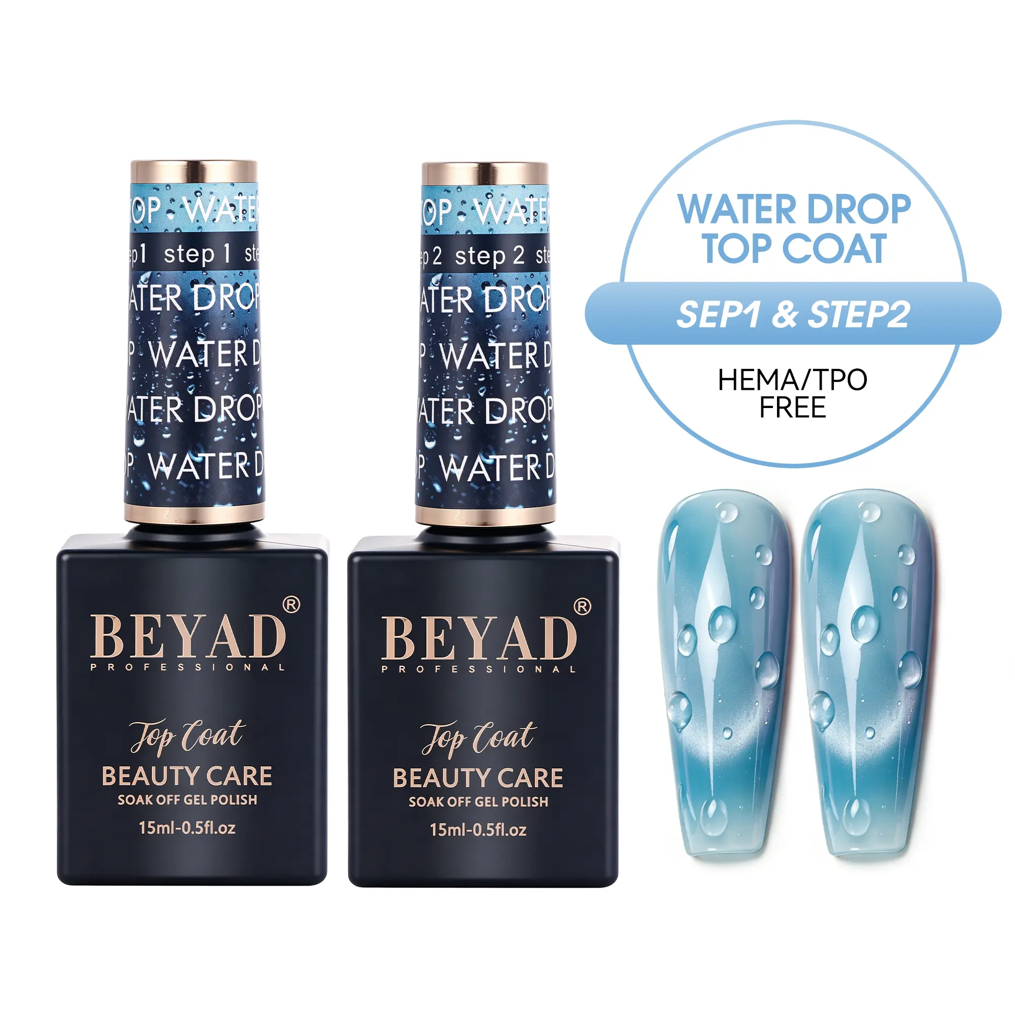 Beyad 3D Water Drop Gel Top Coat Bottle - Non-Wipe, Bubble-Free, Self-Leveling, Chip-Resistant Professional Sculpting Gel for Adults' DIY Nails at Home, LED Light-Ready Clear-Based Nail Polish Base & Top Coat Product