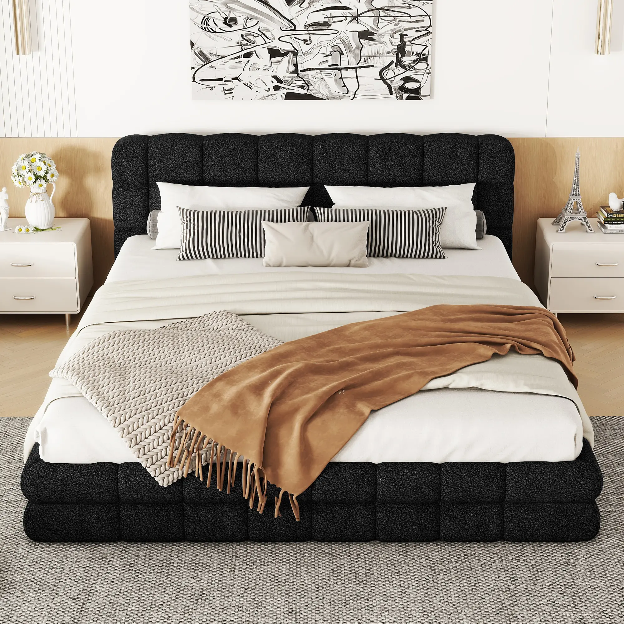 Queen Size Bed Frame with Soft Headboard, Upholstered Queen Platform Bed, Queen Floor Bed Frame with Wood Slats, No Box Spring Needed,Berber Fleece